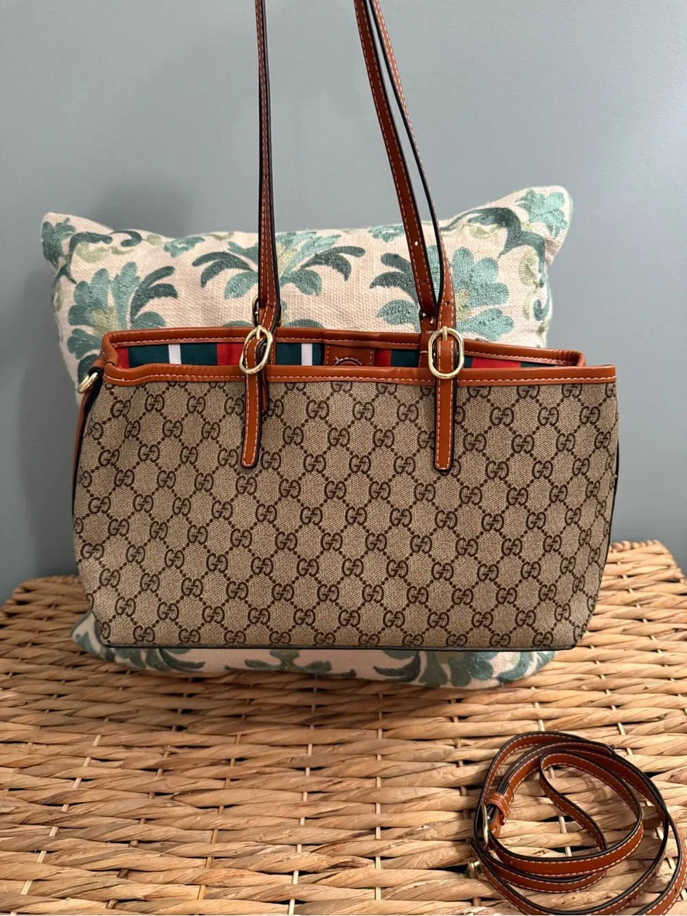 Beige GG Supreme Canvas Tote with Brown Leather Trim